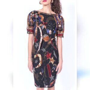 Vintage 80s Niteline 100% Silk Multi Color Sequin Short Sleeve Party Dress Sz 10